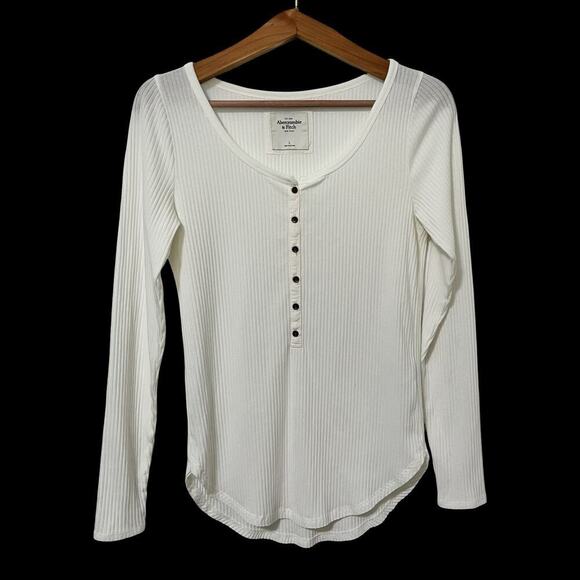 Abercrombie & Fitch Womens Thermal Henley Top Size L White Ribbed Neutral Y2K - Picture 1 of 6